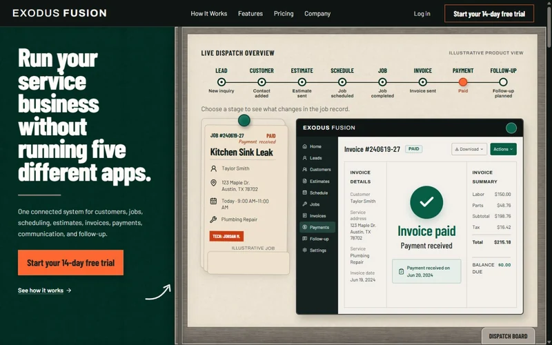 Exodus Fusion marketing website showing its service-business workflow platform